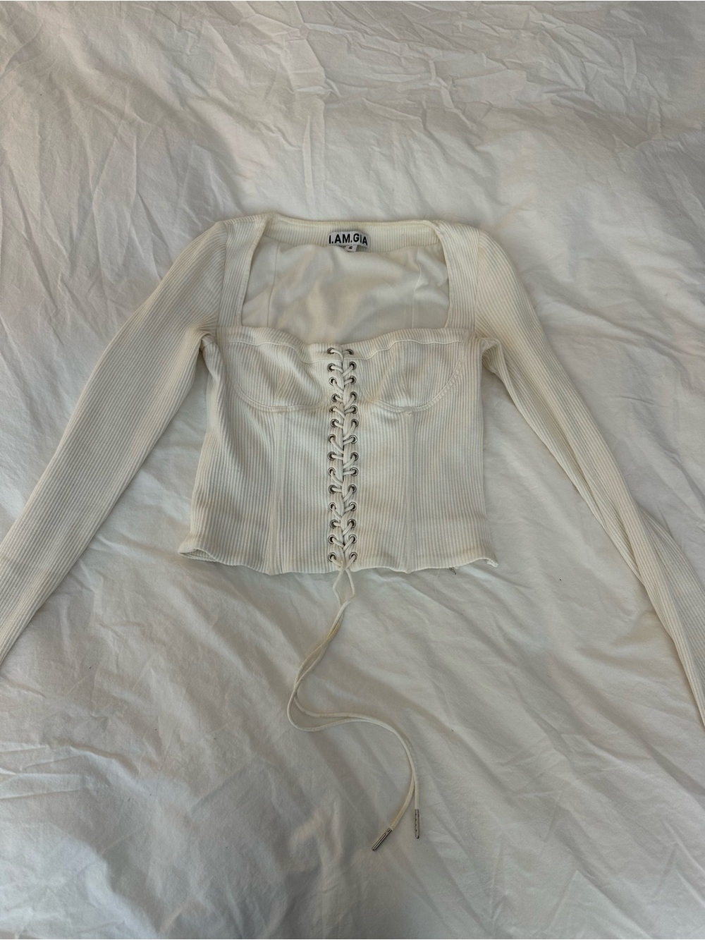 I.AM.GIA White Ribbed Lace-Up Long Sleeve Bustier Corset Style Top